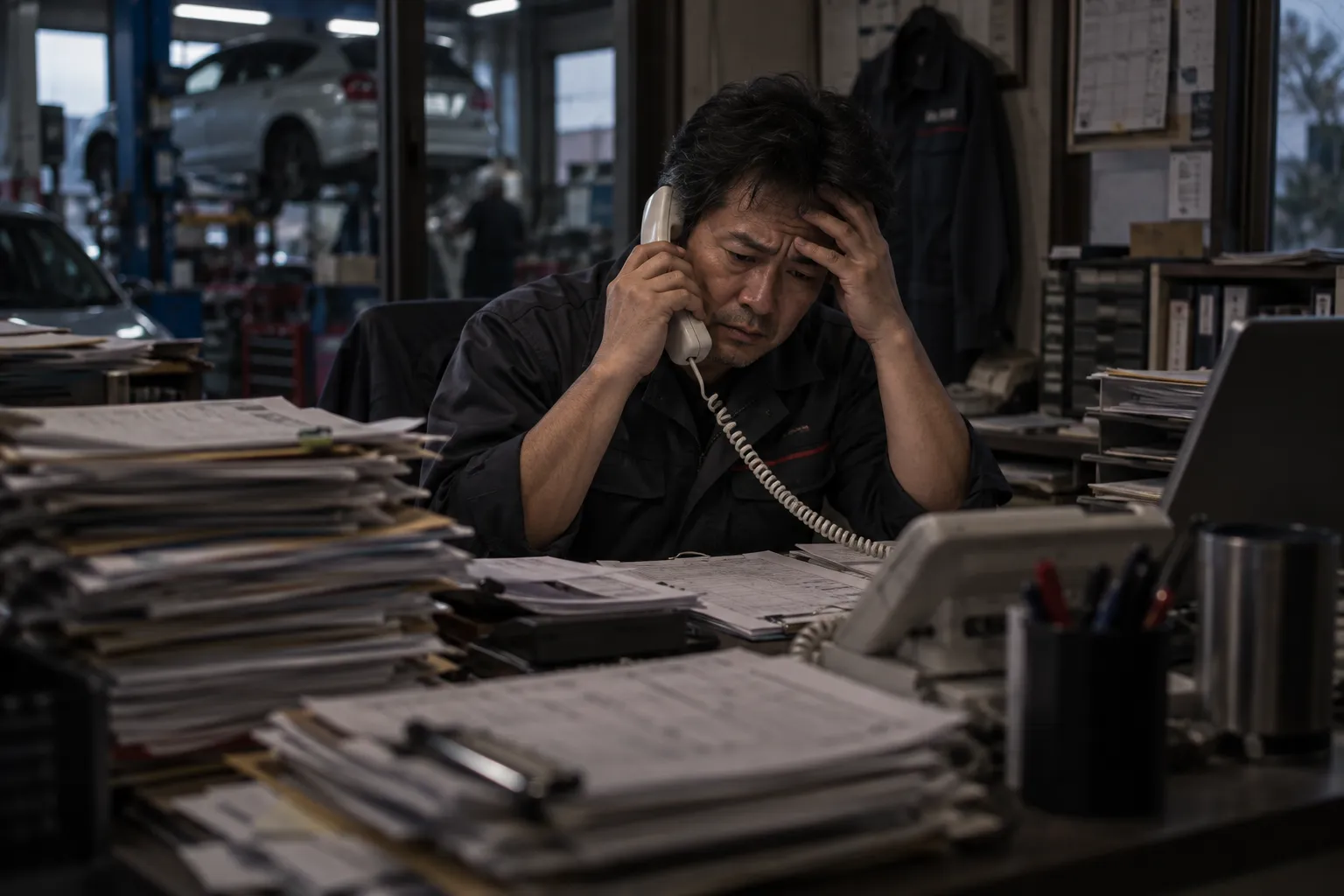 事務所で電話と書類に追われる整備工場の店主（イメージ）