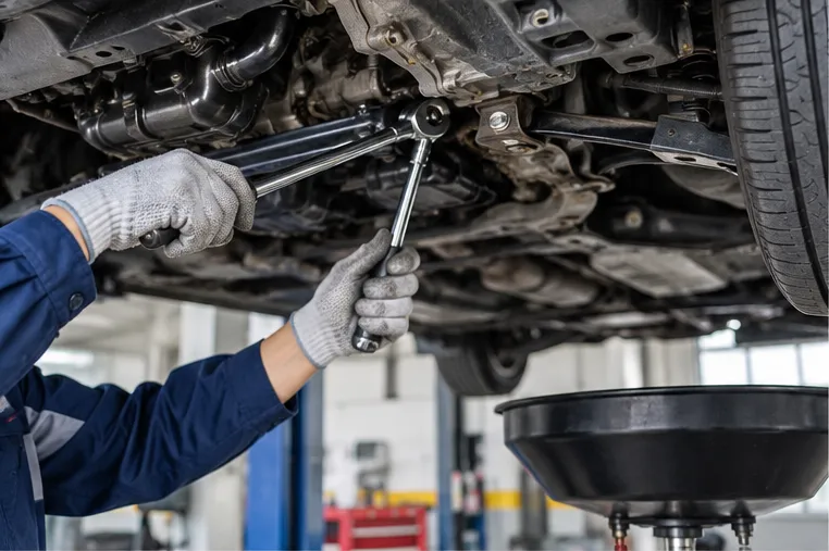 リフトに上げた車の下回りを点検する整備士（イメージ）